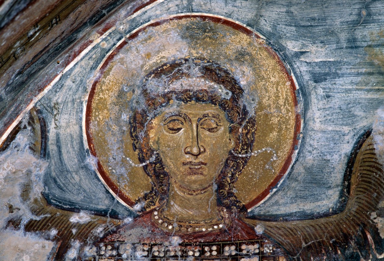 Fresko med engel i den byzantinske kirke Agios Georgios, Vathi, Kreta, Grækenland (foto) af Walter Charles Mills