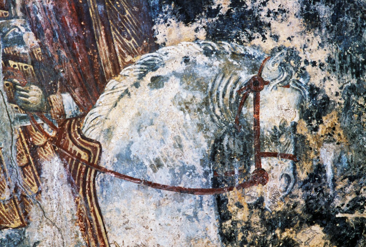 Hest, beskadiget freskomaleri på loftet i kirken Agios Vasileios, Vavouledo, Kreta, Grækenland (foto) af Walter Charles Mills