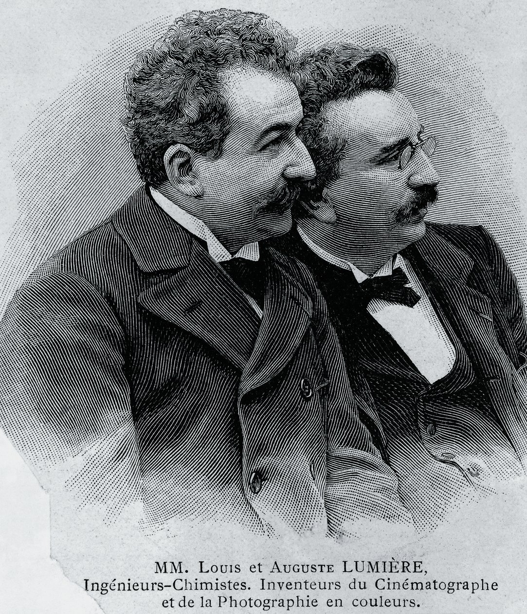 Portræt af Auguste Marie Louis Nicolas Lumiere (1862-1954) og Louis Jean Lumiere (1864-1948), franske iværksættere og opfindere af filmprojektor, gravering fra fotografi af Walter Charles Mills