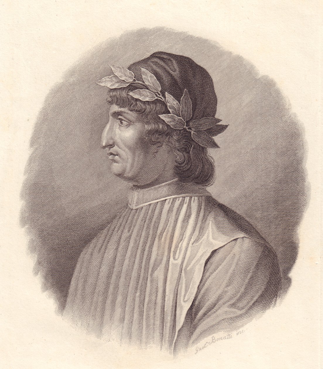 Portræt af den italienske digter og humanist Angelo Ambrogini også kendt som Poliziano (1454-1494), kobberstik af G Bonatti af Walter Charles Mills