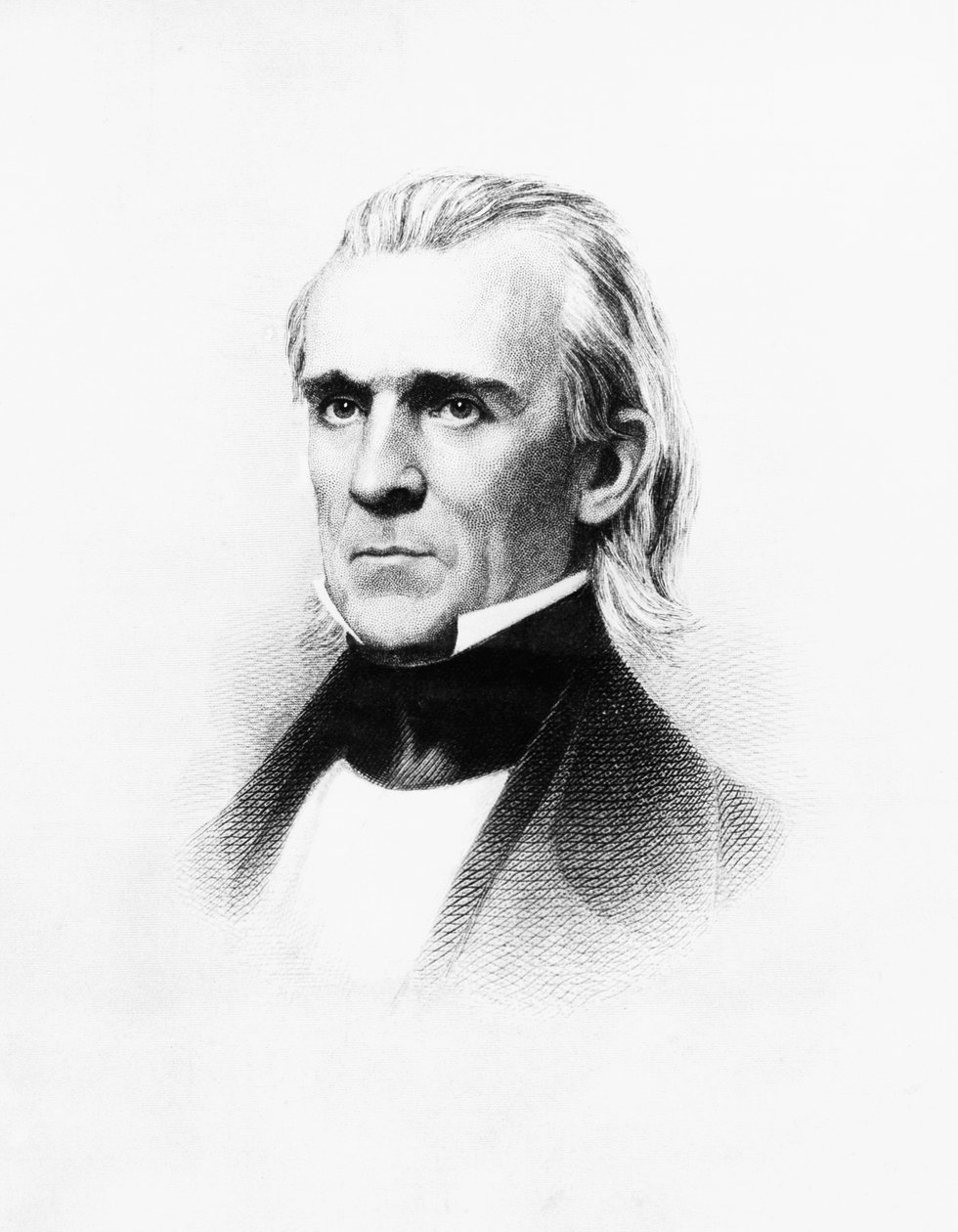Portræt af James Knox Polk (1795-1849), amerikansk advokat og politiker, der tjente som 11. præsident for USA fra 1845 til 1849, gravering efter daguerreotypi af Mathew Brady (1822-1896) af Walter Charles Mills