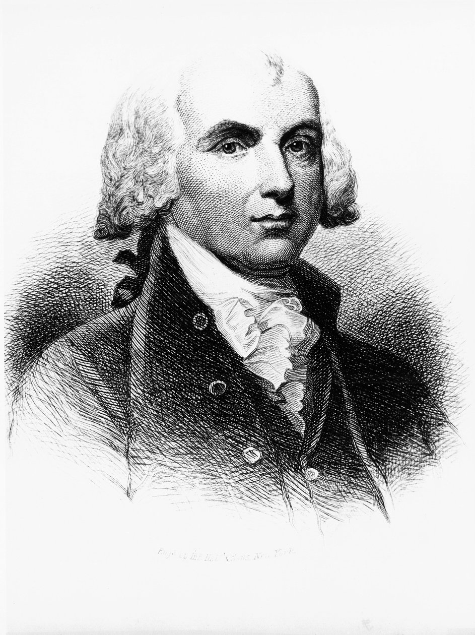 Portræt af James Madison (1751-1836), Founding Father, amerikansk politiker, 4. præsident for USA fra 1809 til 1817, og en af forfatningens fædre, gravering af Walter Charles Mills