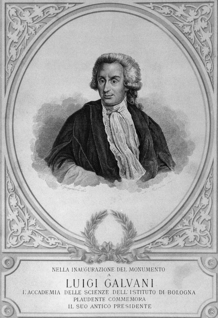 Portræt af Luigi Galvani (1737-1798), italiensk fysiolog, fysiker, biolog og anatom, der opdagede dyrs elektricitet, tegning af Walter Charles Mills