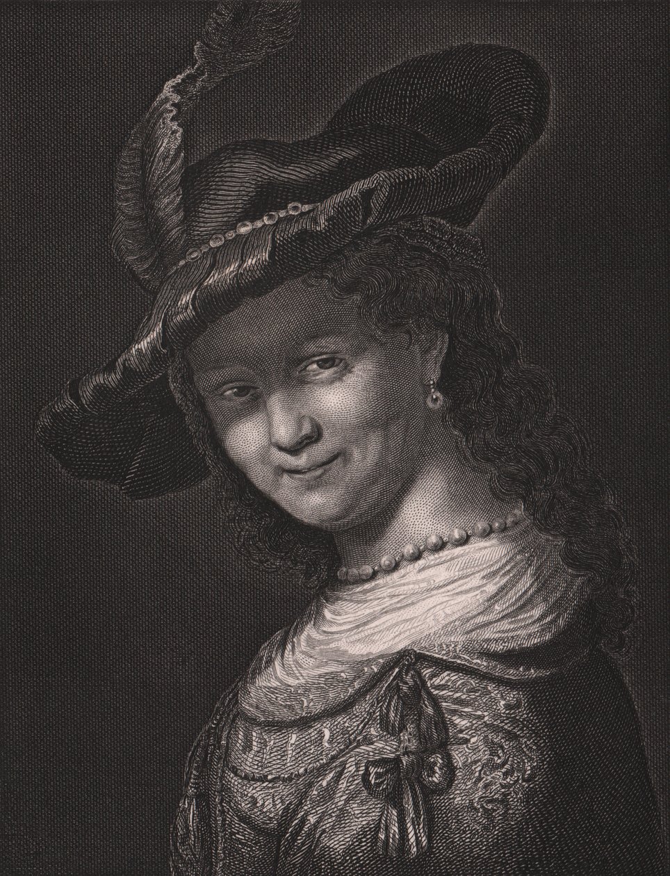 Portræt af Saskia van Uylenburgh (1612-1642), Rembrandts hustru, gravering af L Raab fra maleri af Rembrandt, fra Paynes Royal Dresden Gallery, af Albert Henry Payne, H Payne Dresden og Leipzig Publisher, ca. 1840 af Walter Charles Mills