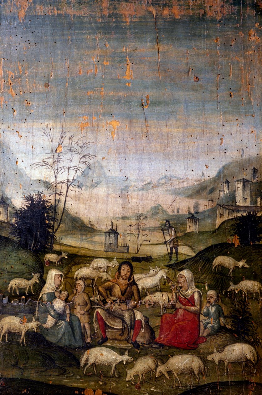 Scene fra Det Gamle Testamente, malet tavle, detaljer fra det gamle sakristi, kirken St Mary den Nådige (UNESCOs verdensarvsliste, 1980), Milano. Italien af Walter Charles Mills
