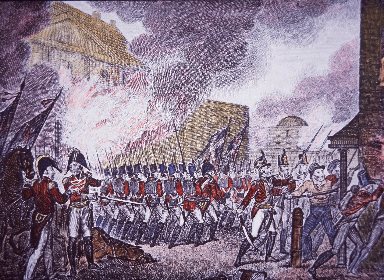 The Burning of Washington (farvet gravering) af Walter Charles Mills