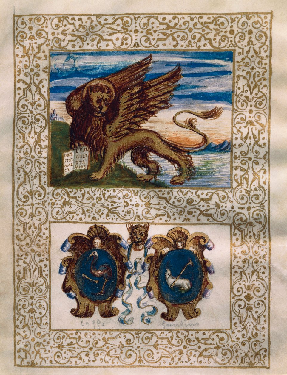 Den bevingede løve i Venedig og Leffe og Gandino våbenskjoldene, miniature fra Privilegio della Serenissima alla Val Gandino, 18. juni af Walter Charles Mills