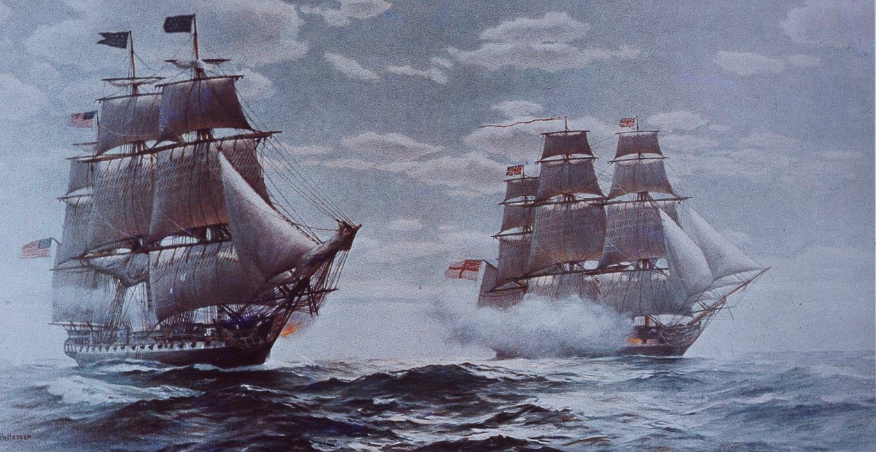 USS Constitution og HMS Java (farve litho) af Walter Charles Mills
