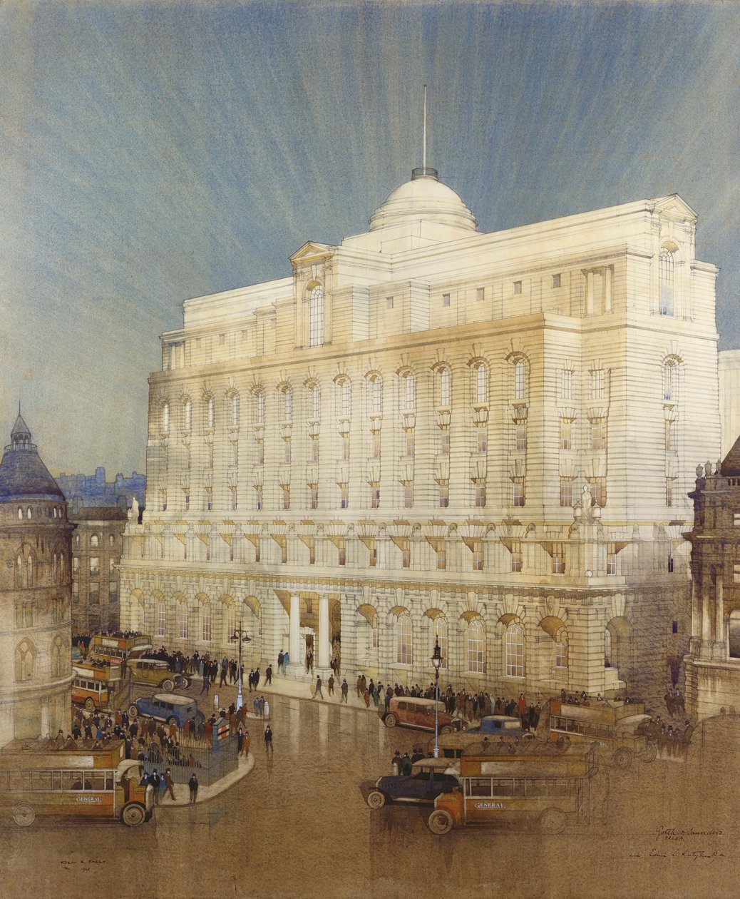 Arkitektonisk design for hovedkvarteret for Midland Bank, Poultry, London af John A. and Saunders, Charles Gotch