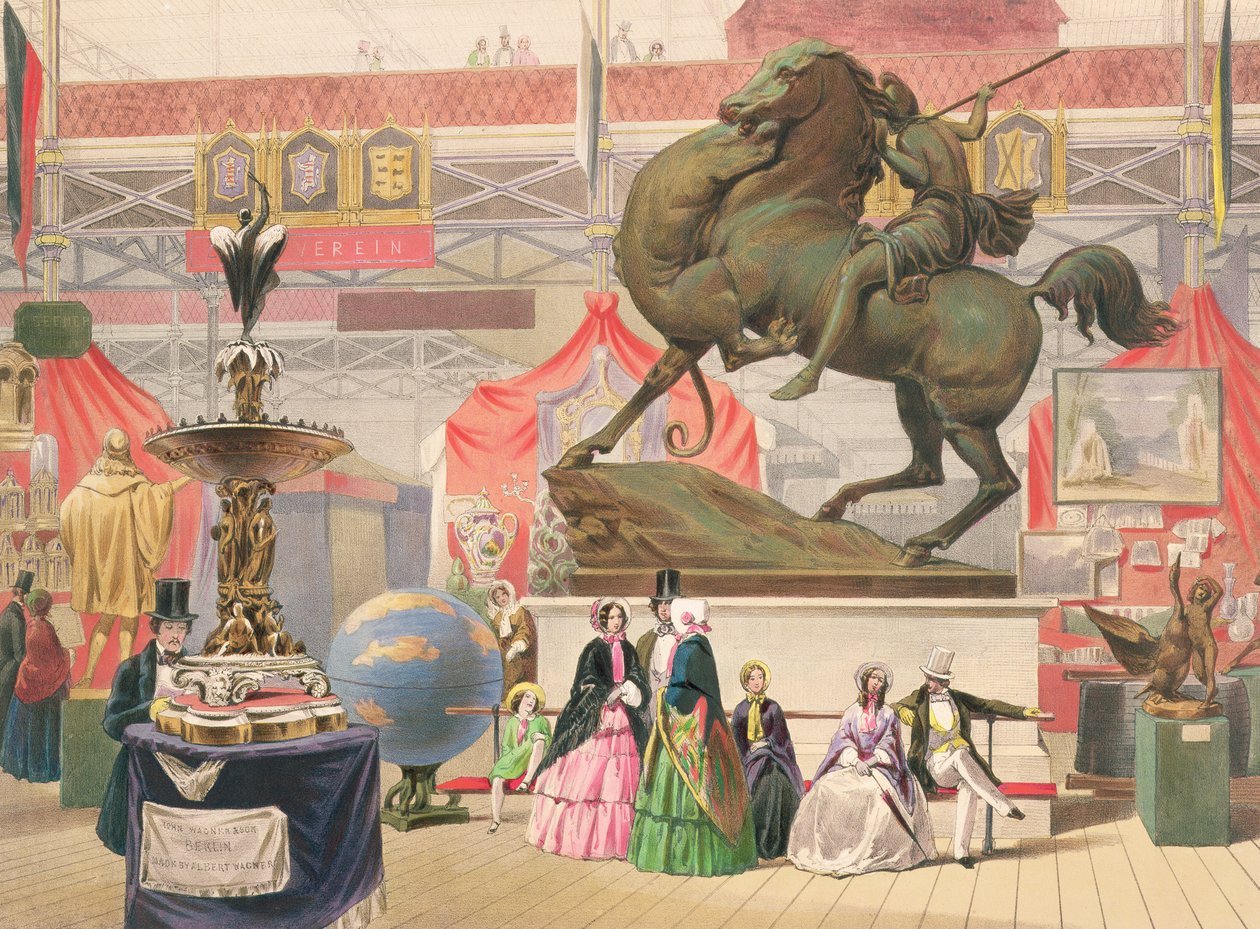 Udsigt over Crystal Palaces østskib med skulptur (Amazonen) (farvet litho) af John Absolon
