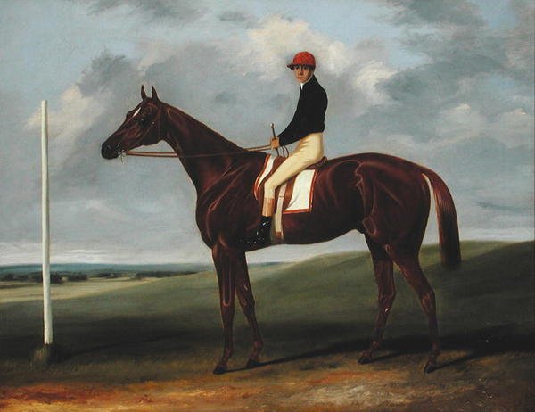 Kastanjeføl med Jockey op og startstolpe (olie på lærred) af John Alfred Wheeler