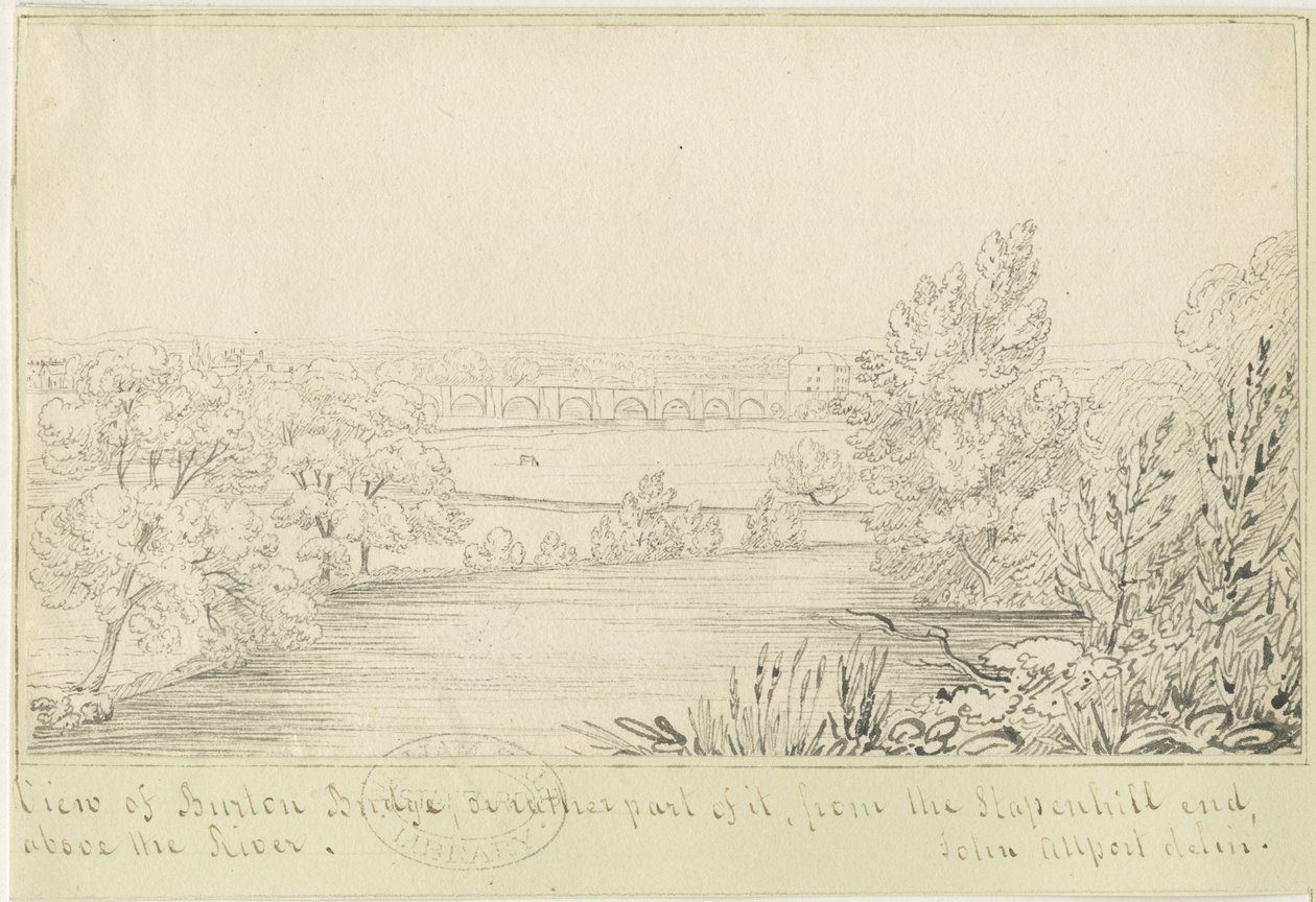 Burton-upon-Trent Bridge and Town: pentegning, nd [c 1817] (tegning) af John Allport