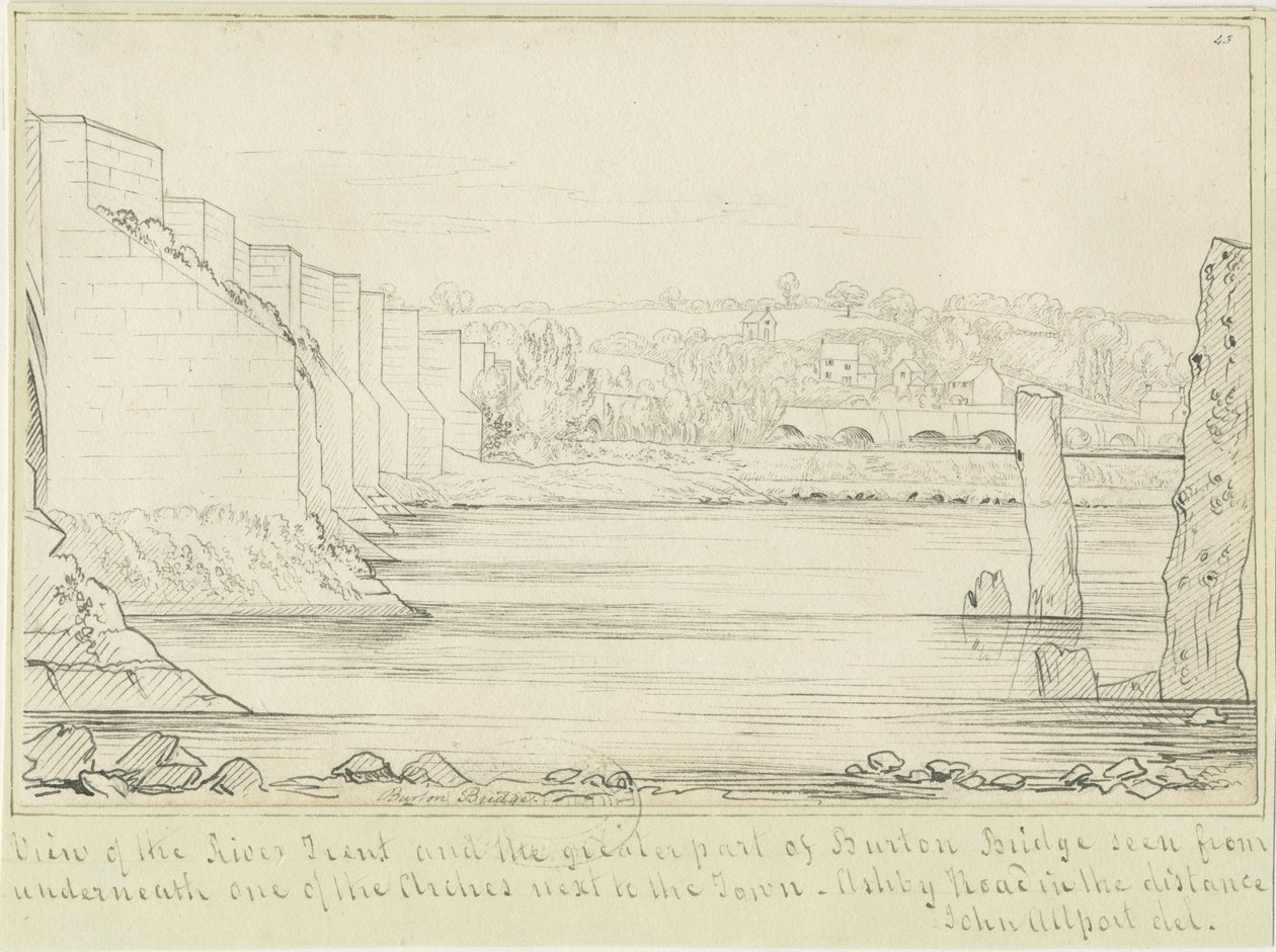 Burton-upon-Trent Bridge and Town: pentegning, nd [c 1817] (tegning) af John Allport