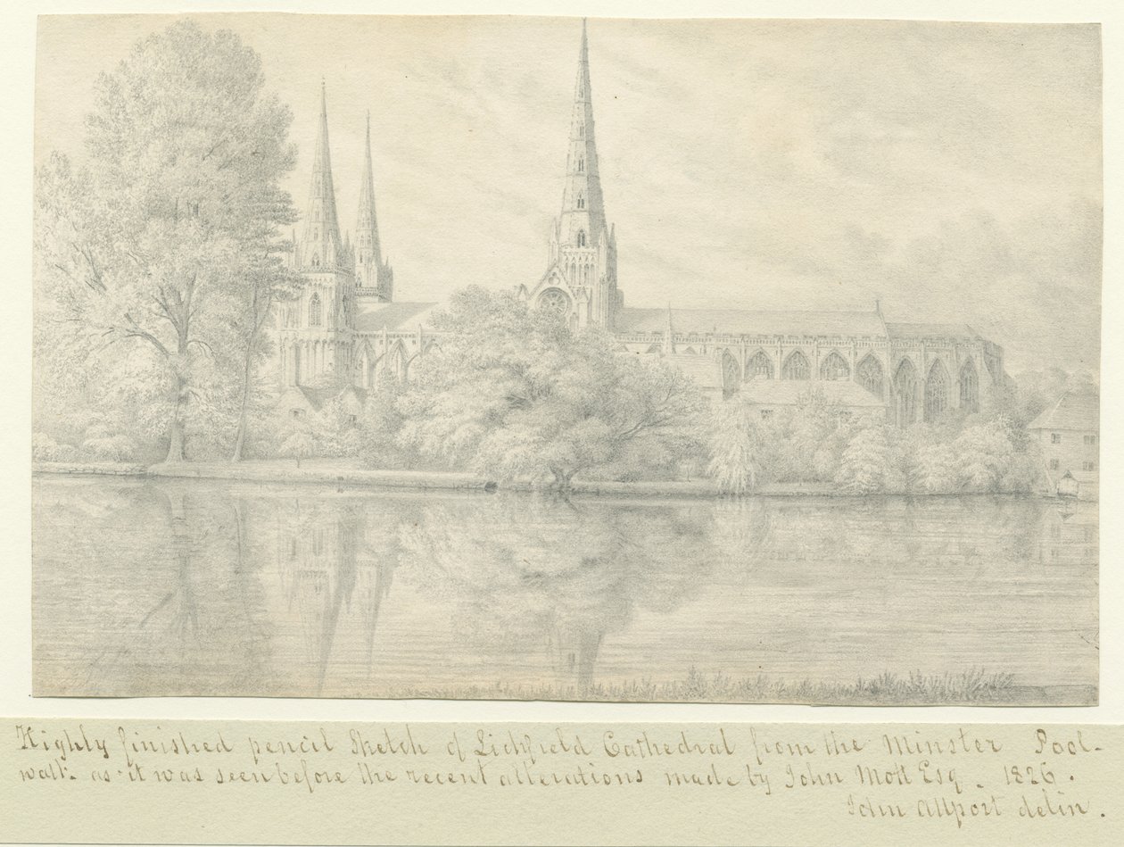 Lichfield Cathedral - South West View: blyantstegning af John Allport