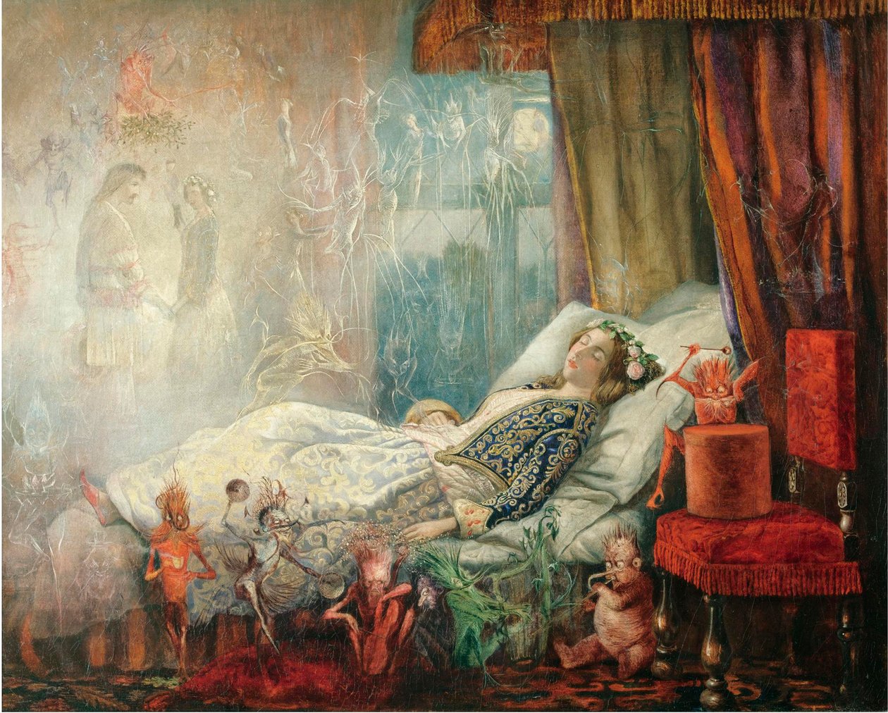 ""Le reve apres le bal masque"" (Drømmen efter maskebal) Peinture de John Anster Fitzgerald (1832-1906), - Olie på lærred, 35,5x44,5 - Privat samling af John Anster Fitzgerald