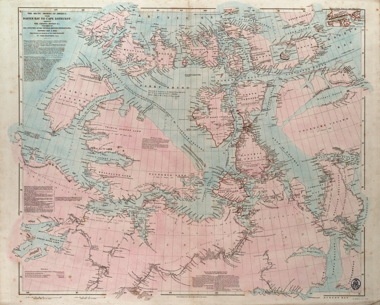 Amerikas arktiske kyster fra Baffin Bay til Cape Bathurst, med angivelse af de kyster og floder, der blev udforsket af officererne på de forskellige britiske ekspeditioner mellem 1818 og 1859. af John Arrowsmith