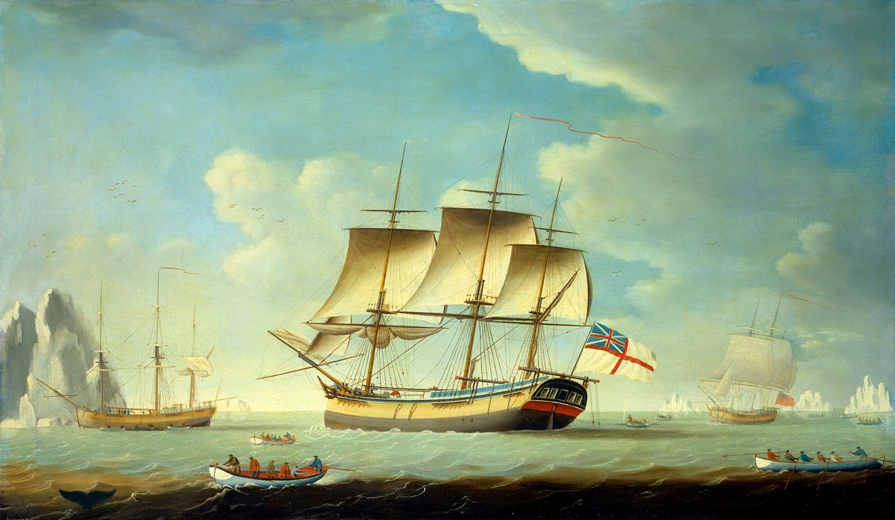 En hvalfanger og andre fartøjer i en let brise, ca. 1790 (olie på lærred) af John Askew