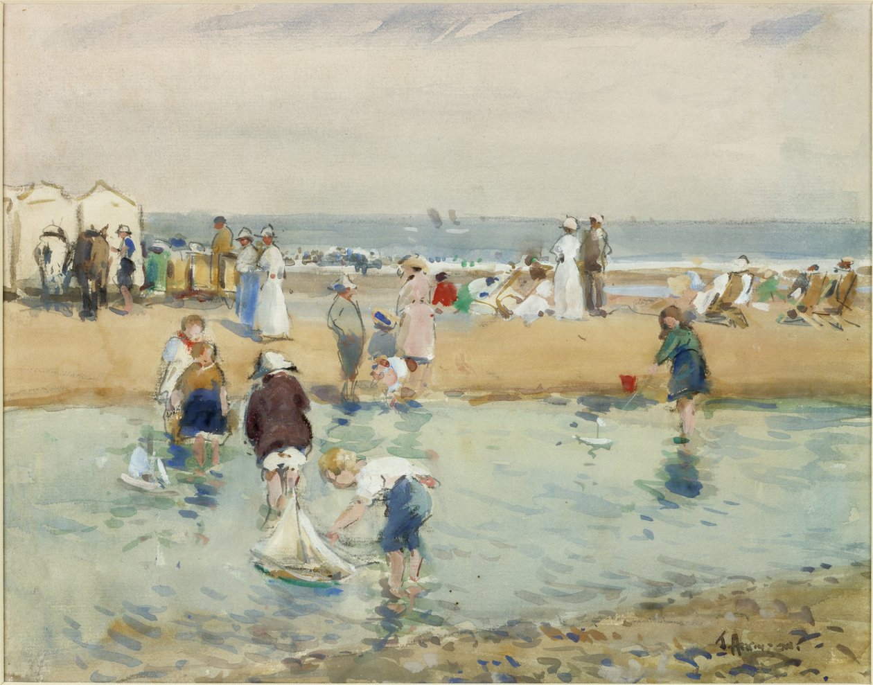 On the Beach, Whitley Bay (akvarel og kropsfarve på papir) af John Atkinson