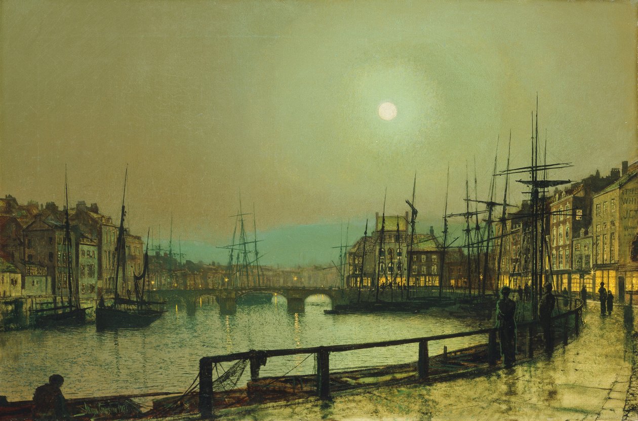 En månebelyst havn, 1883 af John Atkinson Grimshaw