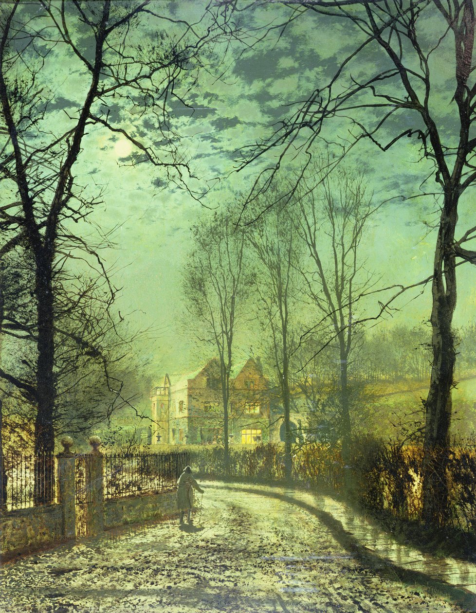 En månebelyst vej, 1800-tallet af John Atkinson Grimshaw