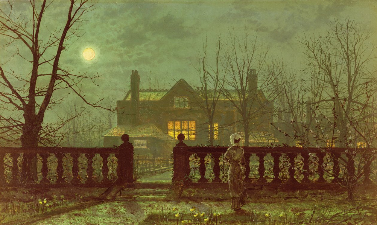 En dame i en have ved måneskin, 1882 af John Atkinson Grimshaw