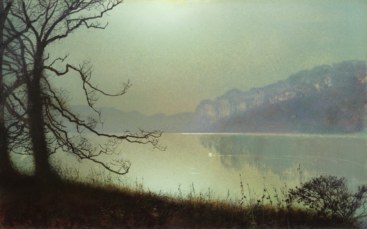 Ved søbredden, Moonlight (olie på kort) af John Atkinson Grimshaw