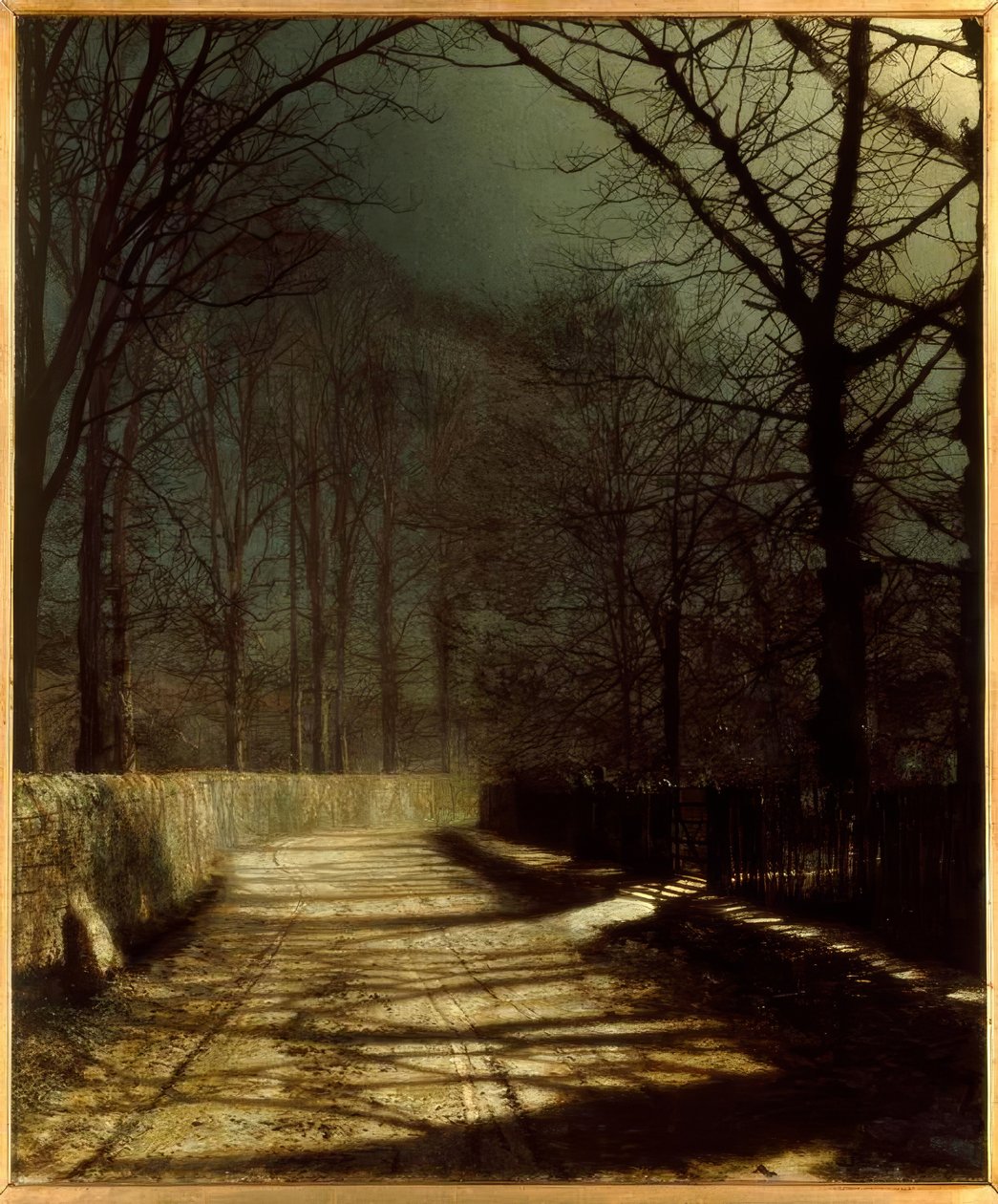 J.A.Grimshaw, månebelyst bane med to elskere ved en port / perle. af John Atkinson Grimshaw