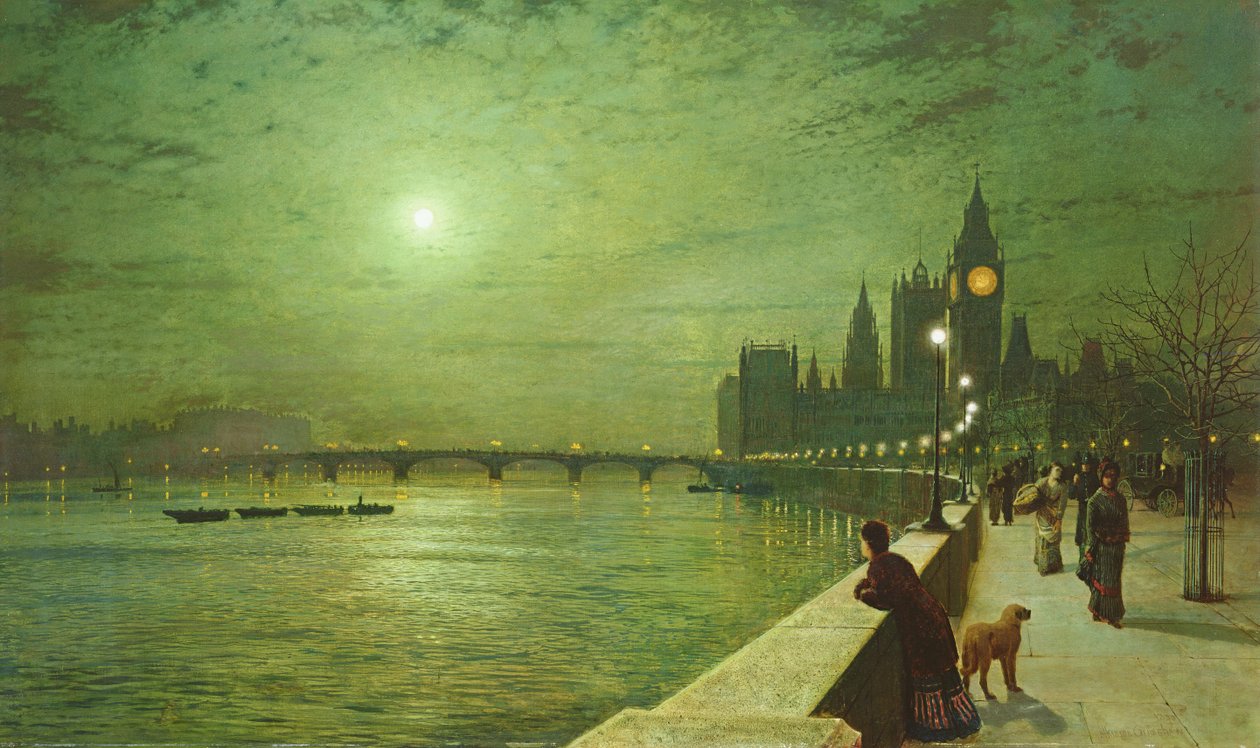 Refleksioner af lys på Themsen ved Westminster af John Atkinson Grimshaw