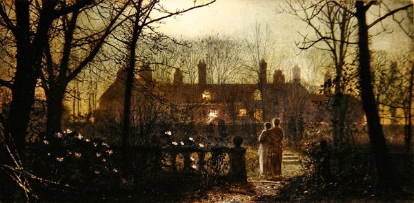 Månebelyst scene med to figurer (olie på panel) af John Atkinson Grimshaw