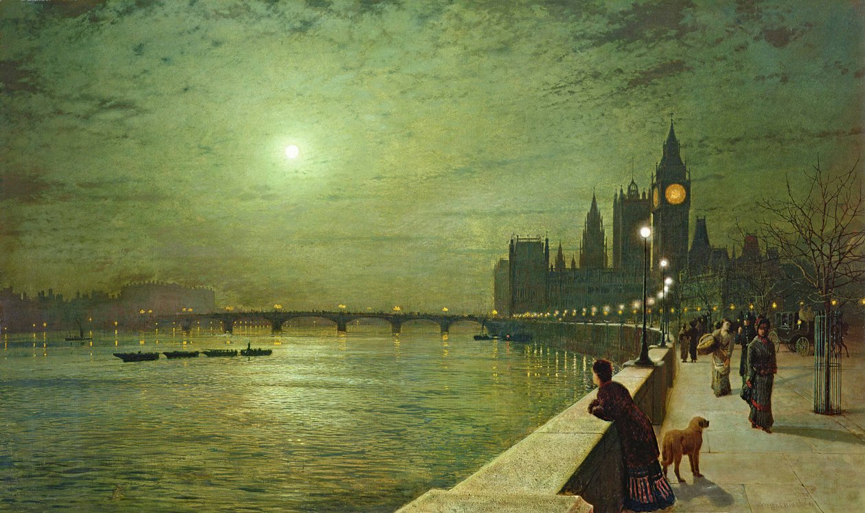Refleksioner over Themsen, Westminster af John Atkinson Grimshaw