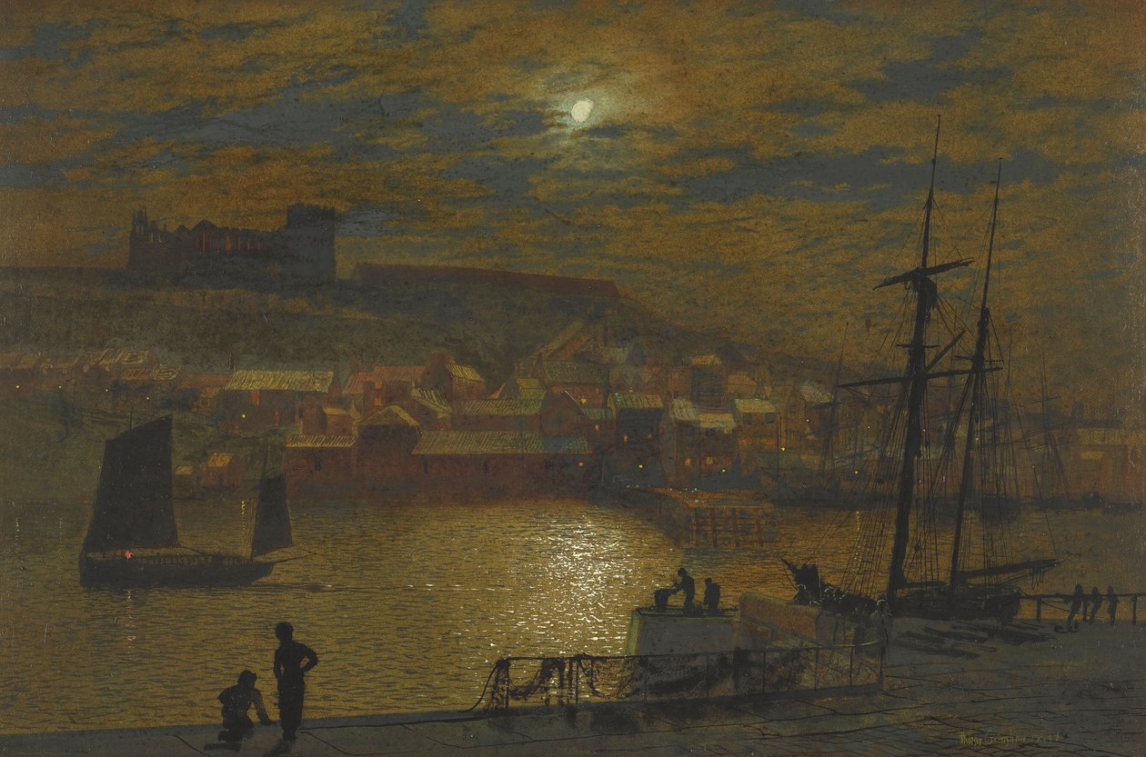 Whitby fra Scotch Head, måneskin på Esk af John Atkinson Grimshaw