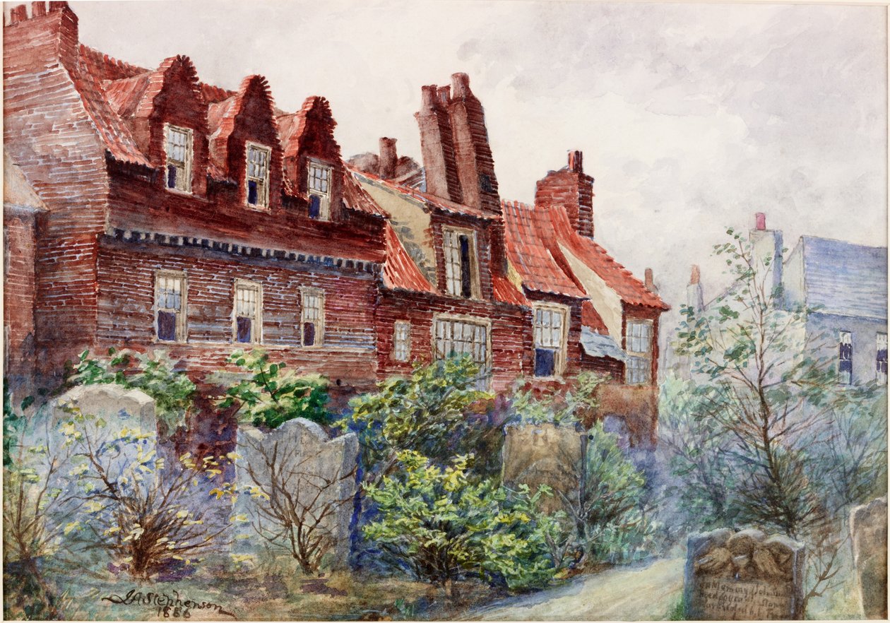 Huse i Silver Street fra All Saints Churchyard, Newcastle upon Tyne, 1886 kropsfarve, blyant og wc på papir af John Atlantic Stephenson