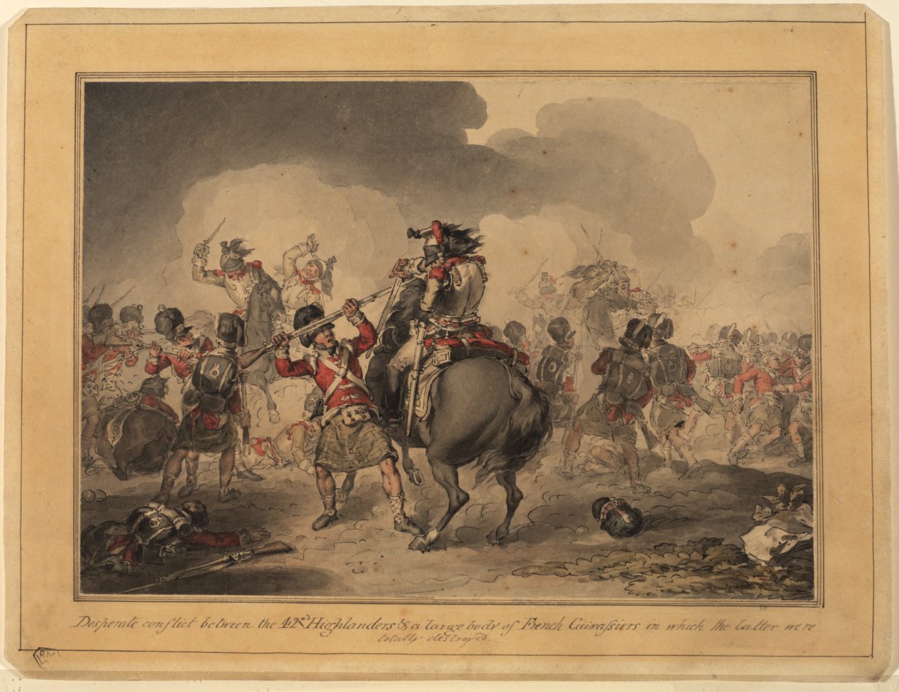 42nd Highlanders at Waterloo, 1815 (pen & blæk wc på papir) af John Augustus Atkinson