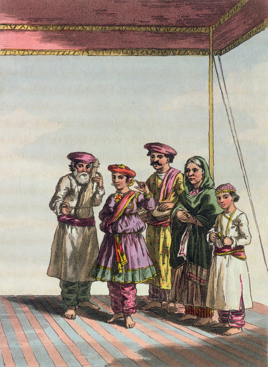 En pige danser Kuharwa, fra "A Mahratta Camp", 1813 (farvestik) af John Augustus Atkinson