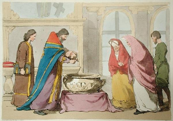 Dåb, ætset af kunstneren, udgivet 1804 (farve litho) af John Augustus Atkinson