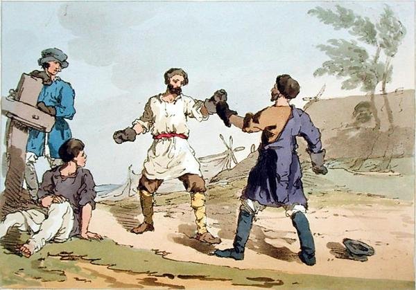Boksning, ætset af kunstneren, udgivet 1804 (farve litho) af John Augustus Atkinson