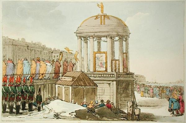 Indvielse af vandet, ætset af kunstneren, udgivet 1804 (farve litho) af John Augustus Atkinson