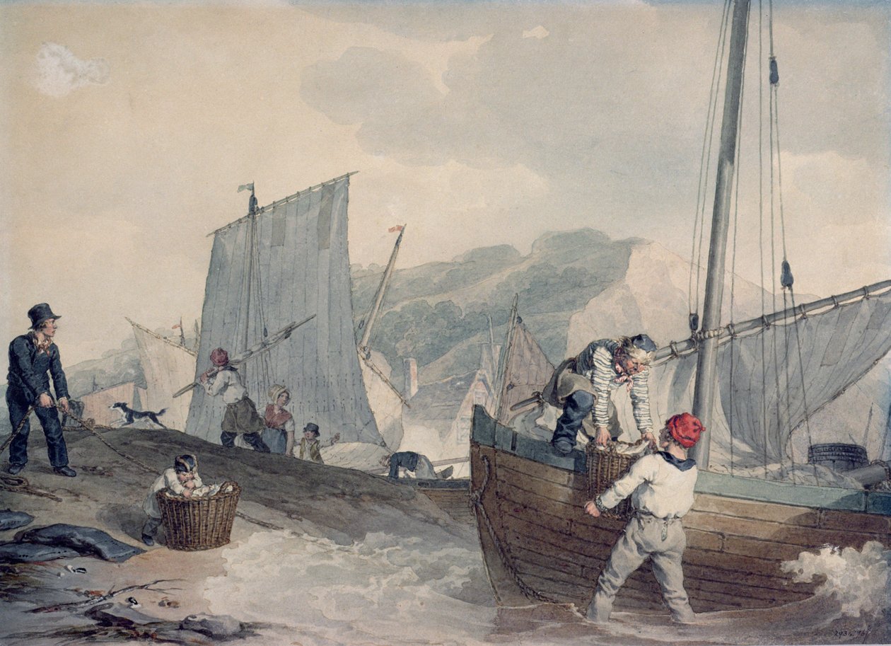 Fiskerbåde aflæsning (akvarel) af John Augustus Atkinson