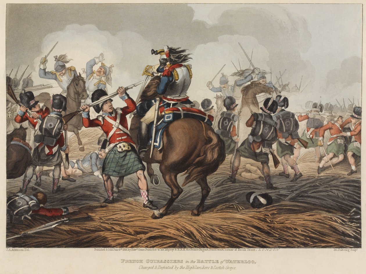 Franske Cuirassiers i slaget ved Waterloo angrebet og besejret af Highlanders og Scotch Greys, indgraveret af M. Dubourg, 1819 (farvet akvatint) af John Augustus Atkinson