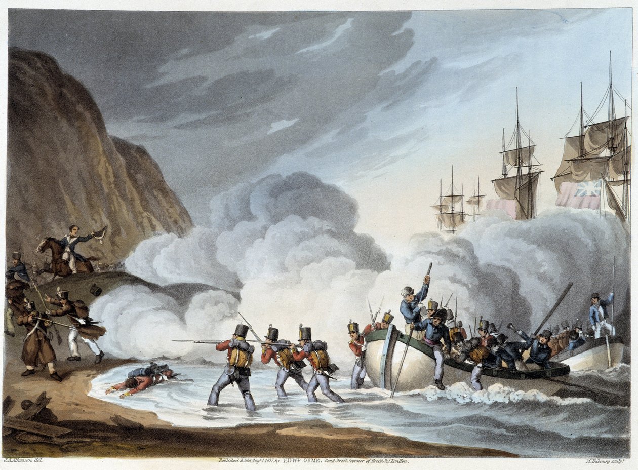 Landgang af tropper, tidligt 19. århundrede i "" historiske, militære og flådeanekdoter..." af Edward Orne af John Augustus Atkinson