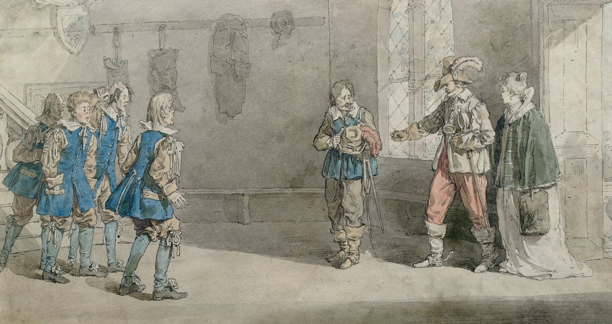 Petruchio, Katarina og tjenere i en scene fra "Spidsmusens tæmmelse", ca.1815 (pen og wc på papir) af John Augustus Atkinson