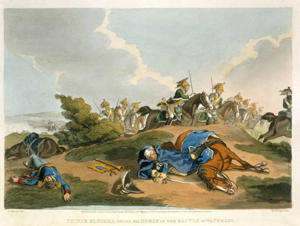 Prins Blucher under sin hest i slaget ved Waterloo, graveret af Matthew Dubourg (fl.1813-20) fra "Historic, Military and Naval Anecdotes", udgivet af Edward Orme (1774-c.1820) 1815 (akvaratint) af John Augustus Atkinson