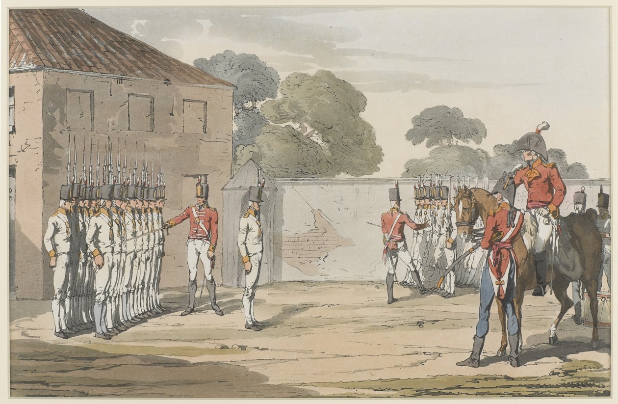 Soldiers Drilling, 1807 (farvet akvatint med blød jordætsning) af John Augustus Atkinson