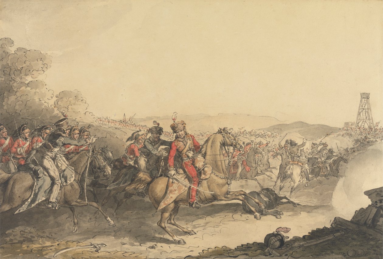Markisen af Anglesey blev såret, mens han førte et angreb af tungt kavaleri ved afslutningen af slaget ved Waterloo af John Augustus Atkinson