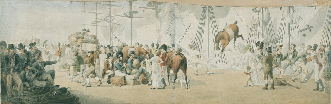 Indkvartering af tropper og heste i Margate (England), omkring 1800. Akvarel (17,8x54 cm) af John Augustus Atkinson (1775-1833), begyndelsen af det 19. århundrede. af John Augustus Atkinson