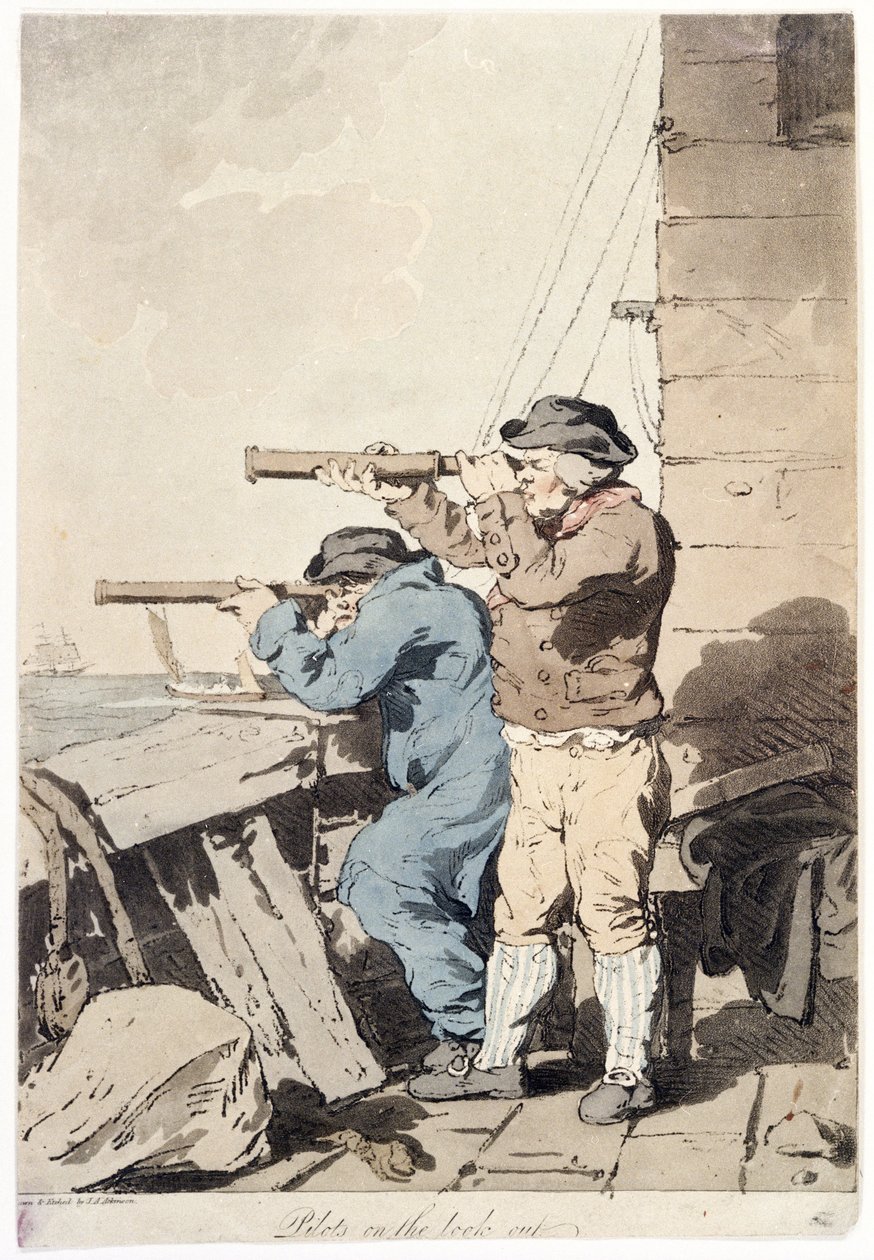 To piloter på overvågning, med hver deres teleskop (langsynet), pegende ud over havet, fra platformen i en befæstet bygning af John Augustus Atkinson