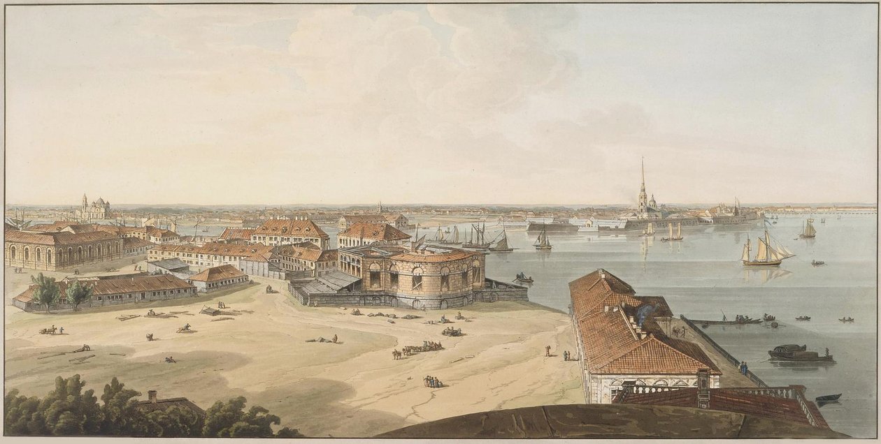 Udsigt til spyden på Vasilyevsky Island og Peter og Paul-fæstningen, mellem 1802 og 1805 af John Augustus Atkinson