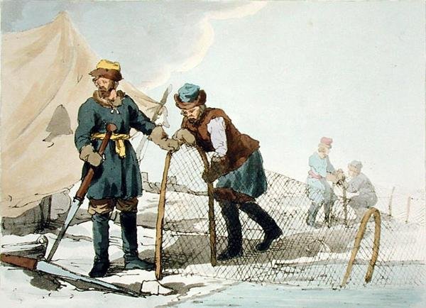 Vinterfiskeri, ætset af kunstneren, udgivet 1804 (farve litho) af John Augustus Atkinson