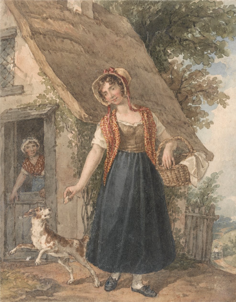 Ung kvinde med hund uden for en hyttedør af John Augustus Atkinson