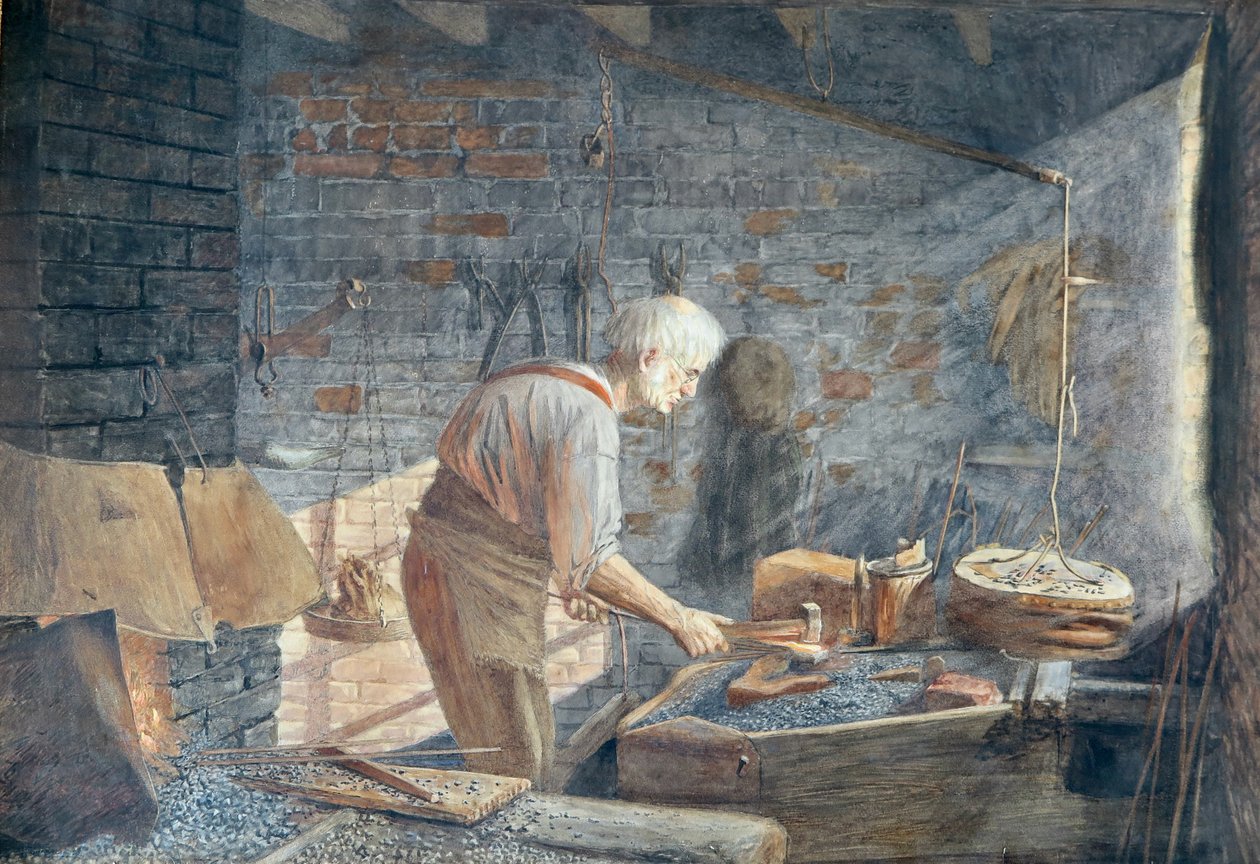 En smed arbejder i sin smedje (akvarel) af John B. Gibbs